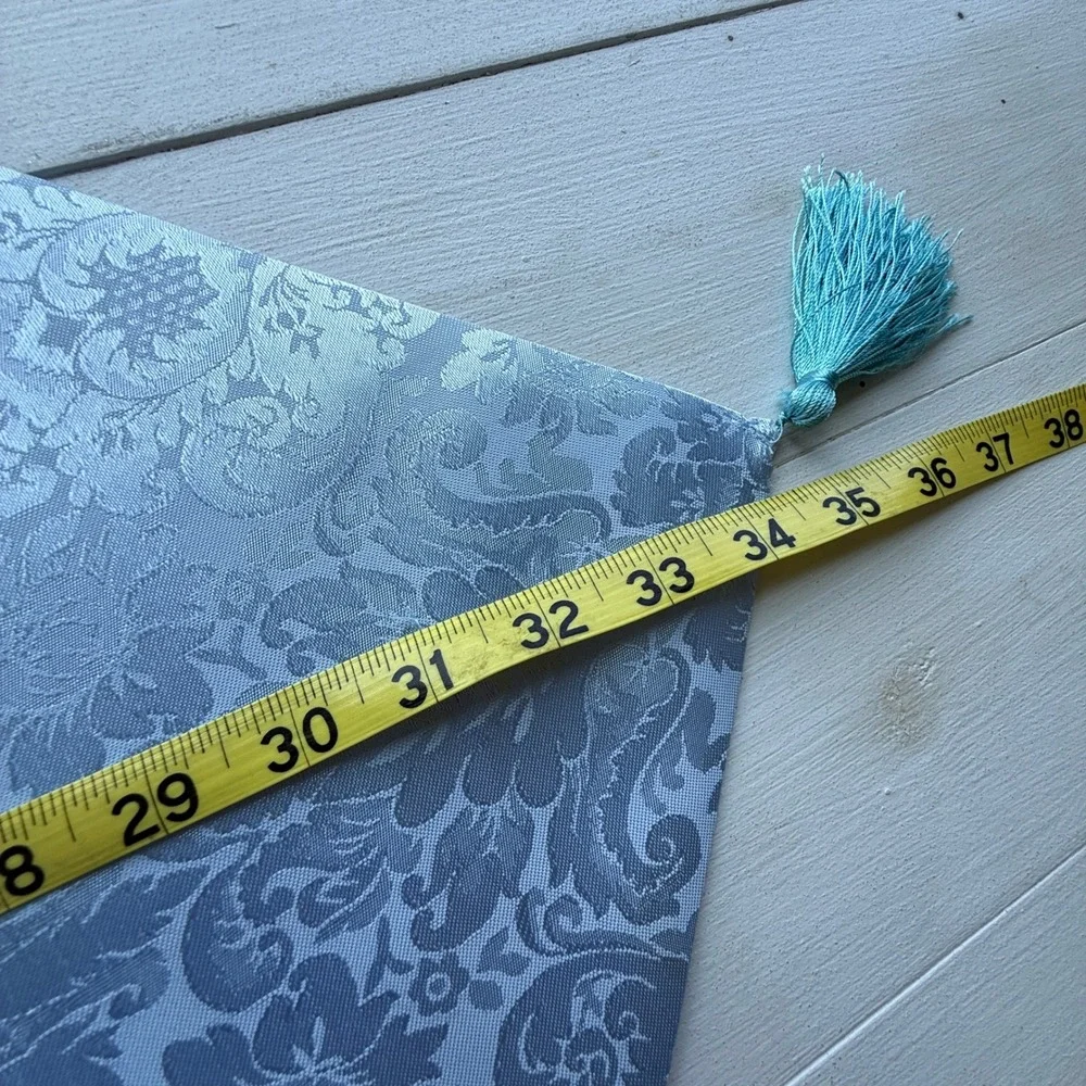 Light Blue Damask Table Runner Tassel Lace Trim Floral Brocade 34x15 0906